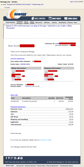 Newegg Invoice - 3 months' the premier